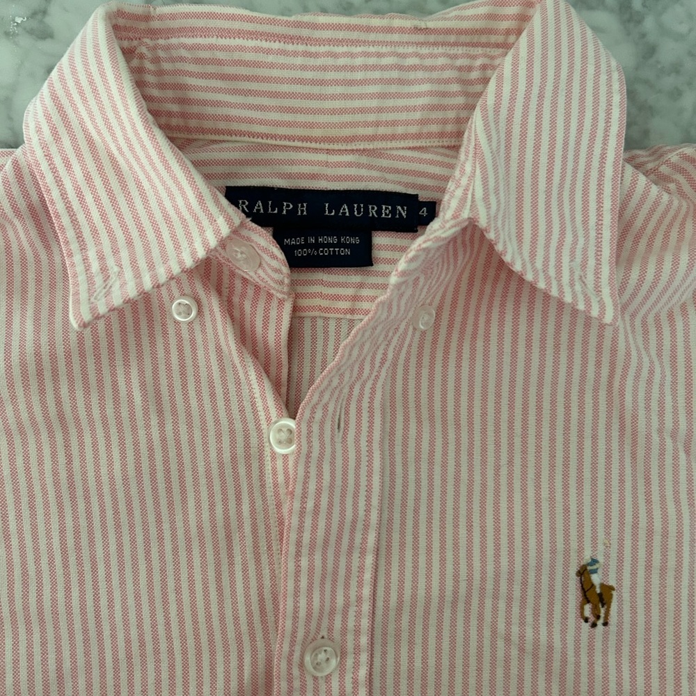 Vintage Ralph Lauren Women's Short Sleeve Pink Striped Button-Down Shirt
